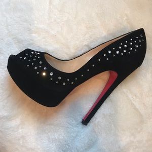 $750 DESIGNER CRYSTAL BLACK SUEDE PEEP HEELS PUMP